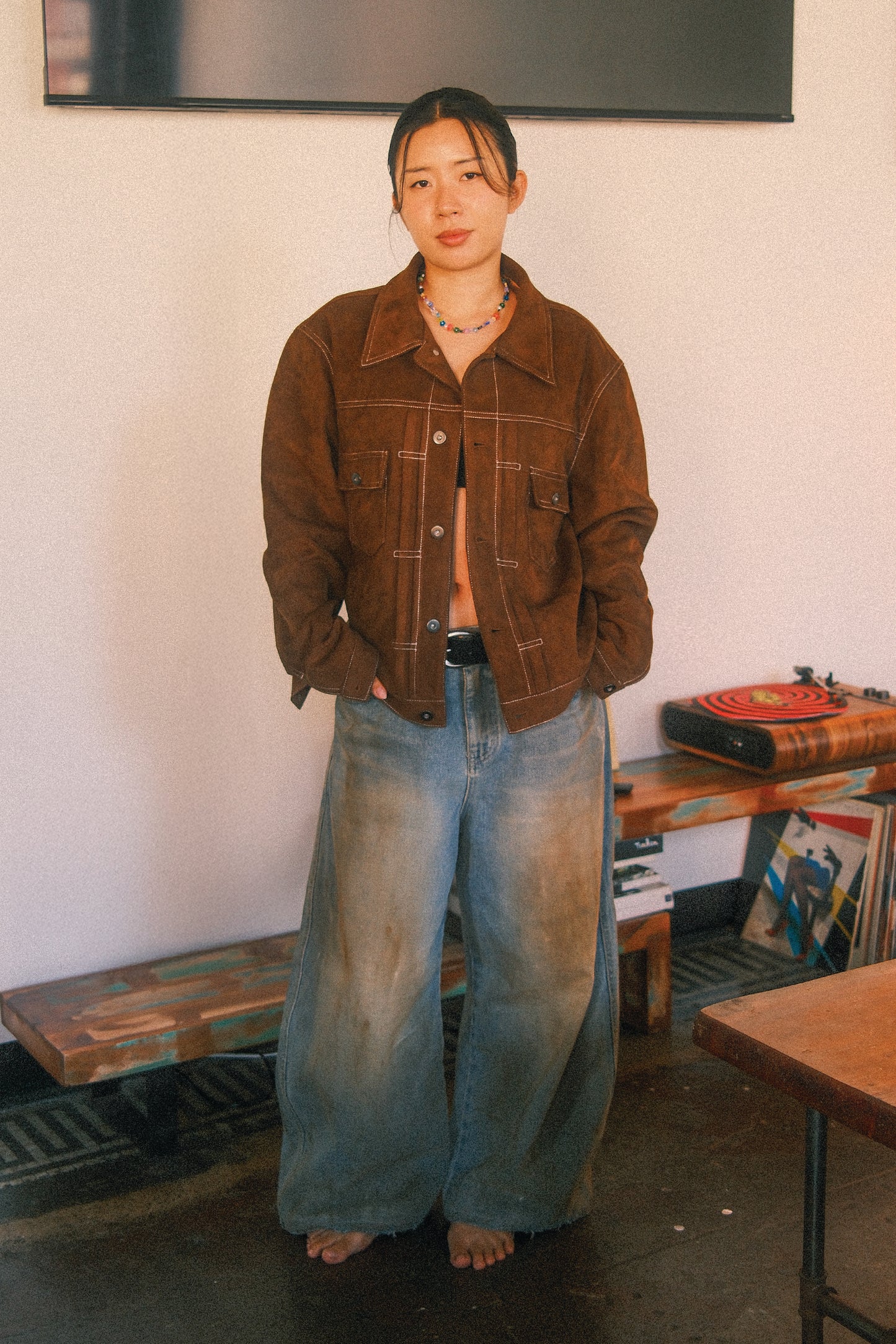 Soft Suede Trucker Jacket (Brown)