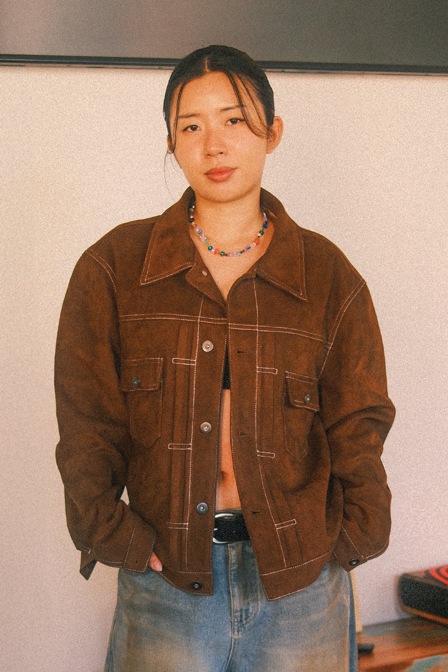 Soft Suede Trucker Jacket (Brown)