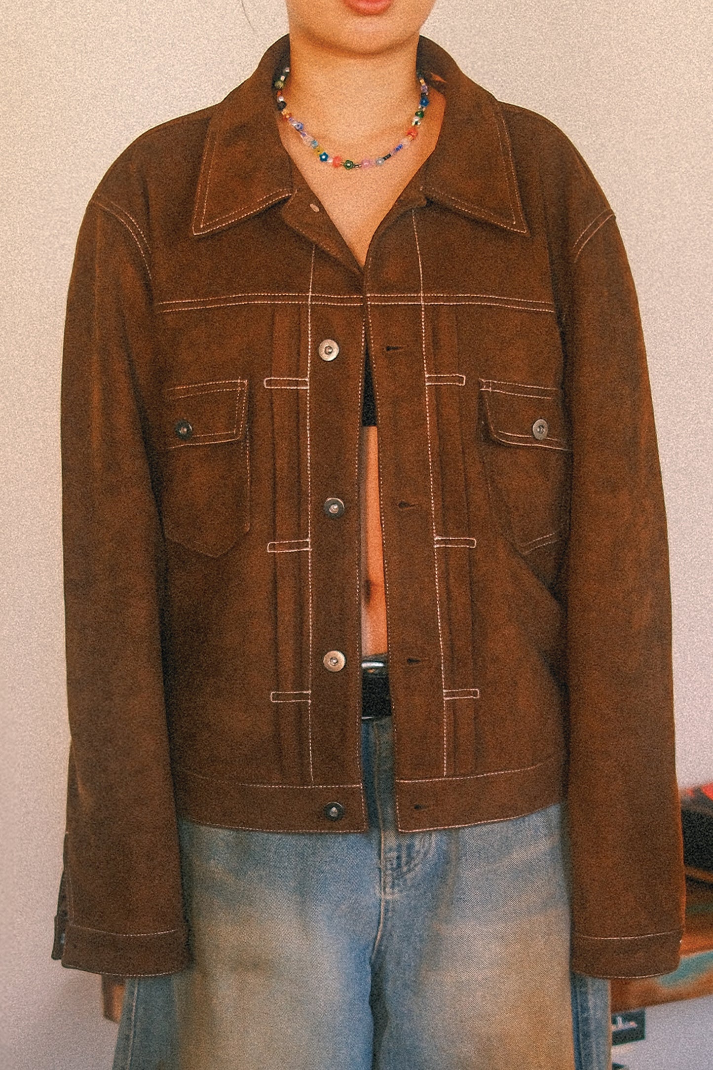 Soft Suede Trucker Jacket (Brown)