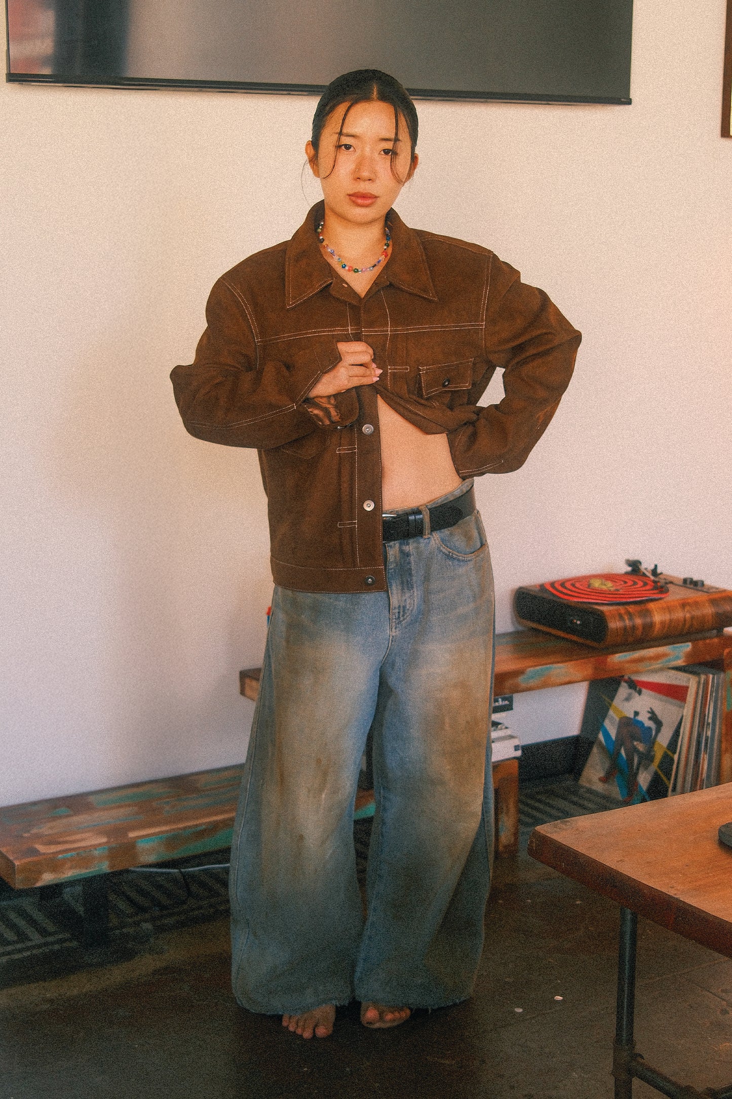 Soft Suede Trucker Jacket (Brown)