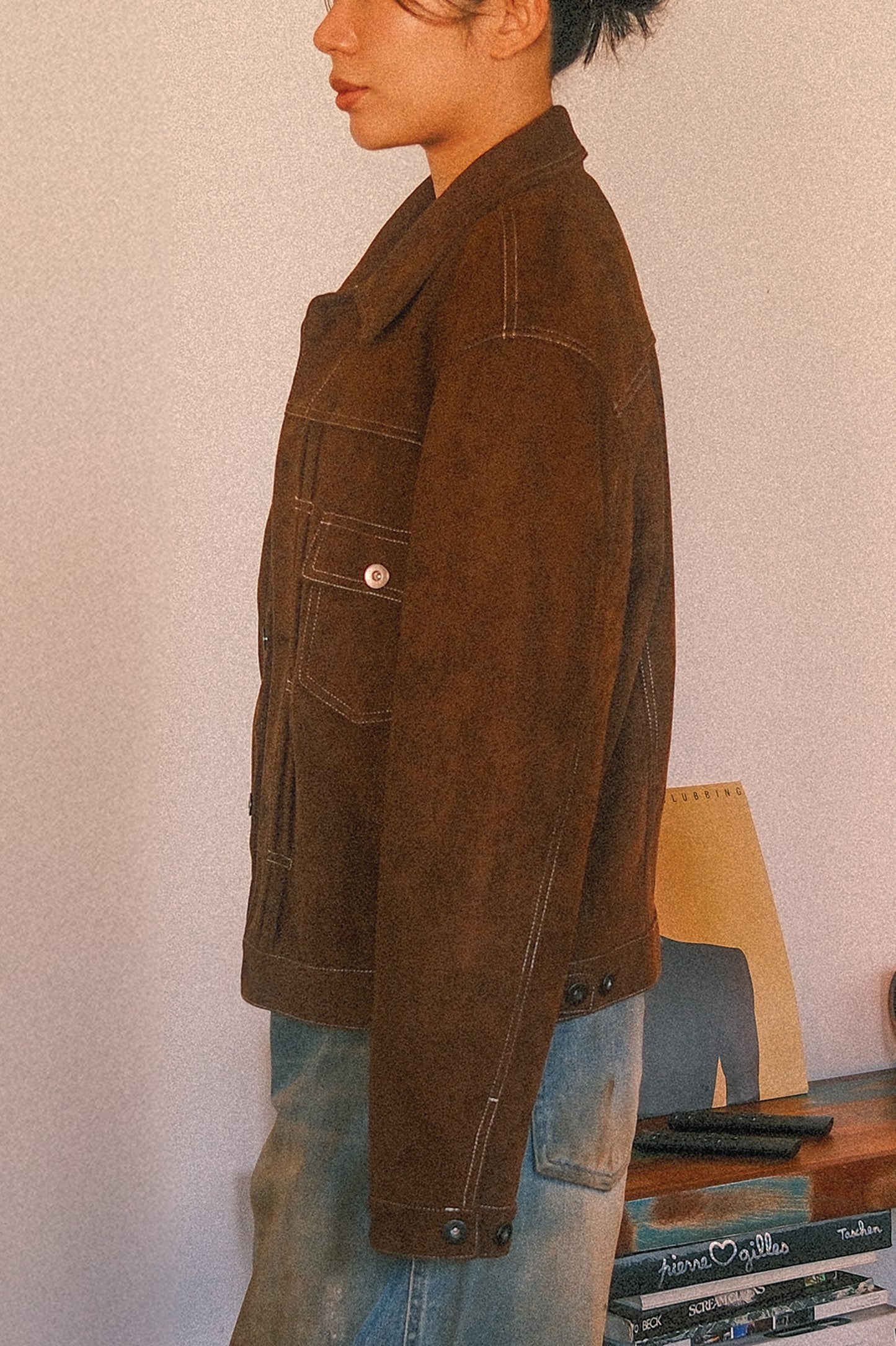 Soft Suede Trucker Jacket (Brown)